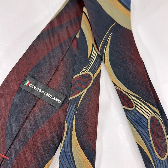 Conte di Milano - “Peacock Feather” Abstract Dark Red Silk Men’s Necktie ⭐️ EUC - Picture 7 of 7